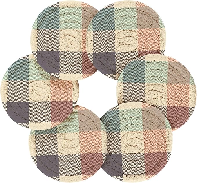 Buffalo Plaid Blue Orange Drink Coasters, Handmade Cotton Absorbent Coaster Set of 6, Minimalist Home Decor for Coffee Table, Kitchen, Housewarming and Wedding Registry Ideas
