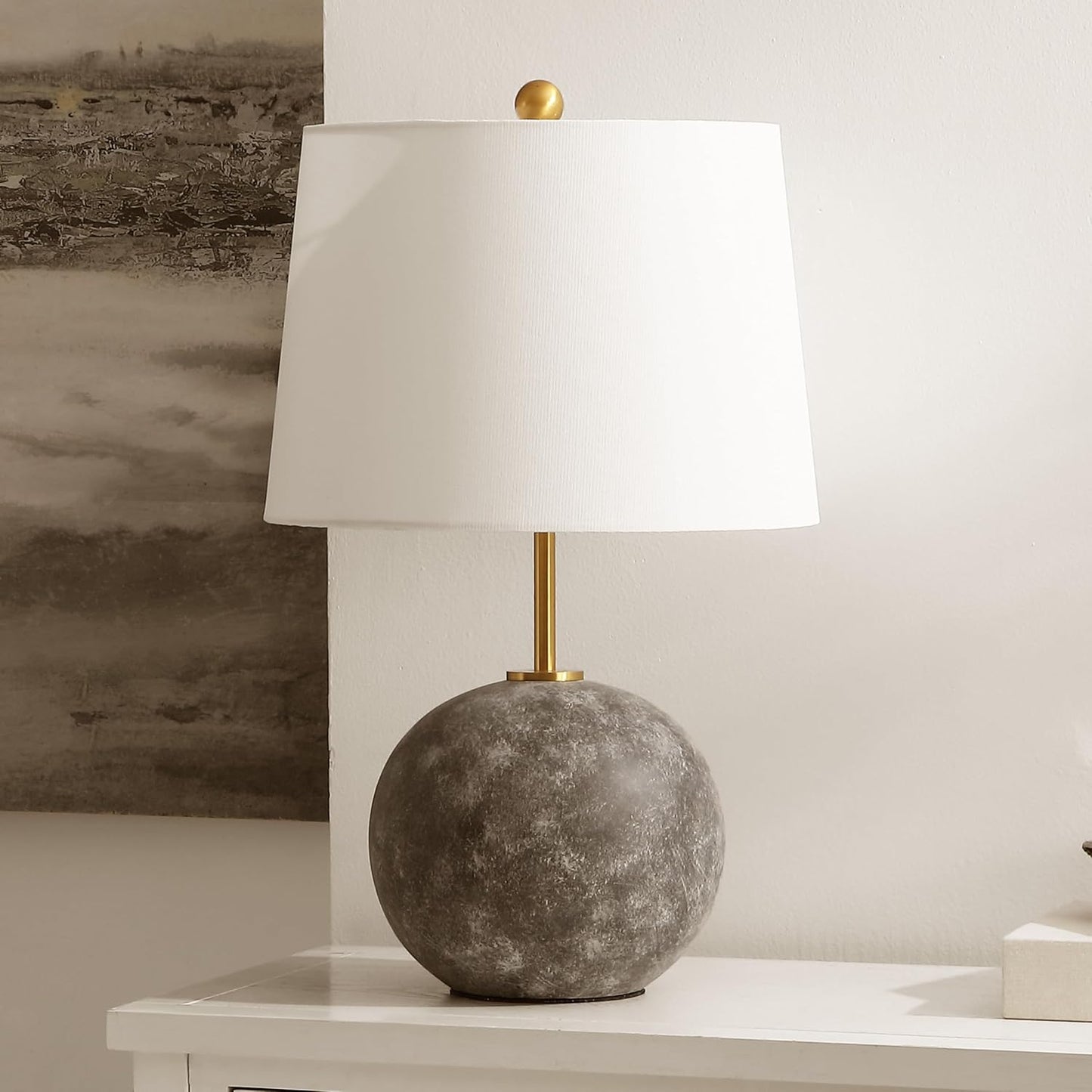 SAFAVIEH Lighting Collection Cla Grey Washed Cement & Brass 24-Inch Table Lamp with White Fabric Shade, Modern Bedside Nightstand Lamp, LED Bulb Included (TBL4592A)