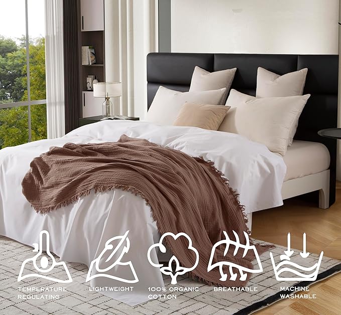 KyraHome 100% Cotton Throw Blankets, 90"x104" King Size, Organic Cotton Pre-Washed, Lightweight Gauze Fall Throw Blankets, Layering Muslin Blankets Bed Coverlet, All Season, (Brown)