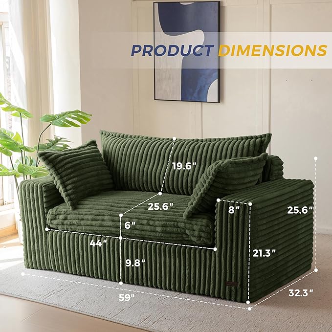 MAXYOYO 59" Bean Bag Sofa Couch, Loveseat Boneless Couch in a Box, Upholstered Small Mini Sofa with Deep Seating for Living Room Bedroom Office Apartment, No Assembly, Green