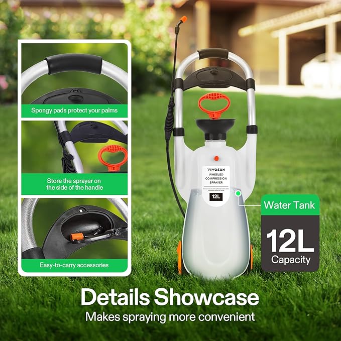 3.2 Gallon Lawn and Garden Wheeled Pump Compression Sprayer with Pressure Relief Valve, Labor-Saving Wheel Design (Pack of 2)