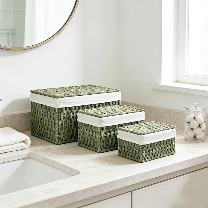 Woven Storage Baskets with Lids, Set of 3, Green Paper Rope Wicker Bins, Stackable Shelf Organizer Boxes for Bathroom Closet Nursery