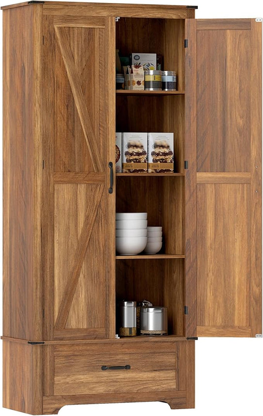 HOMCOM 72" Tall Farmhouse Kitchen Pantry Cabinet - Kitchen Storage Cabinet with Adjustable Shelves & 2 Barn Doors & Drawer, Versatile Storage Unit for Dining Room, Brown