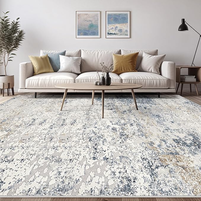 Area Rug Living Room Rugs - 8x10 Thickened Large Soft Indoor Neutral Modern Abstract Low Pile Washable Rug Carpet for Bedroom Dining Room Farmhouse Home Office - Beige Blue