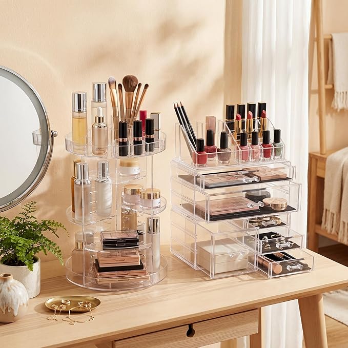 Acrylic Makeup Organizer Set, 360 Rotating Makeup Organizer, Clear Drawer Vanity & Countertop Cosmetic Storage for Brushes, Jewelry, for Vanity, Bathroom, Bedroom, Closet