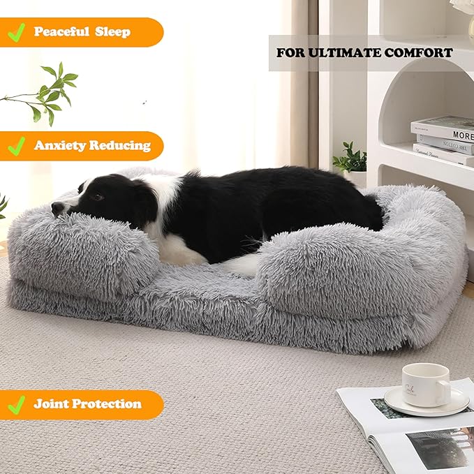 Orthopedic Dog Bed for XL Dogs - Washable Memory Foam Pet Sofa, Fluffy Plush Rectangular Bed, Waterproof Anti-Anxiety Couch, Light Gray, XL