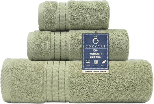 COZYART Luxury Sage Green Bath Towels Set 3 pcs, Turkish Cotton Hotel Large Bath Towels for Bathroom, Thick Bathroom Sets of 3 with 1 Bath Towel, 1 Hand Towel, 1 Washcloth, 650 GSM