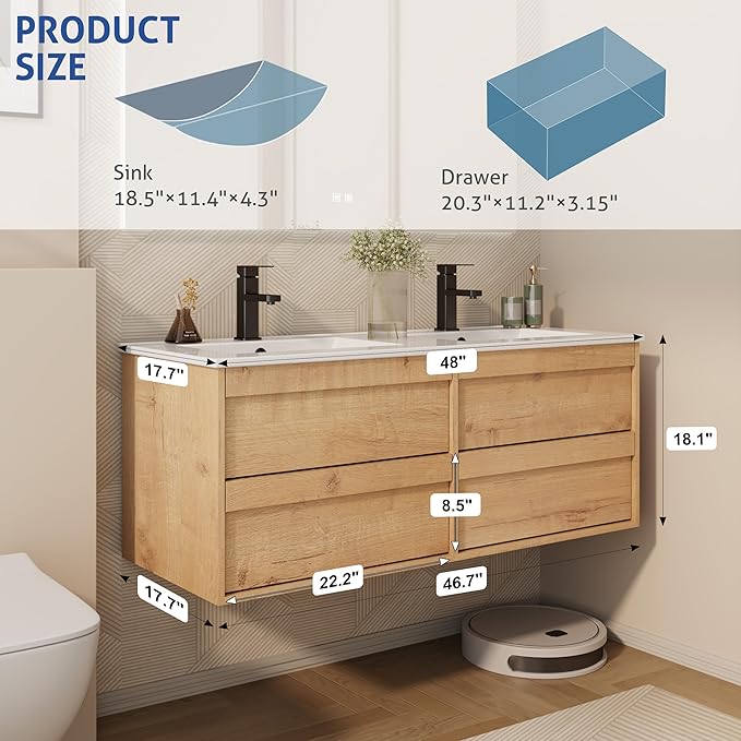 eclife 48" Floating Bathroom Vanity Sink Combo, Wall Mounted Modern Minimalist Storage Cabinet with 4 Drawers, Include Sink, Faucet & Drain, Natural