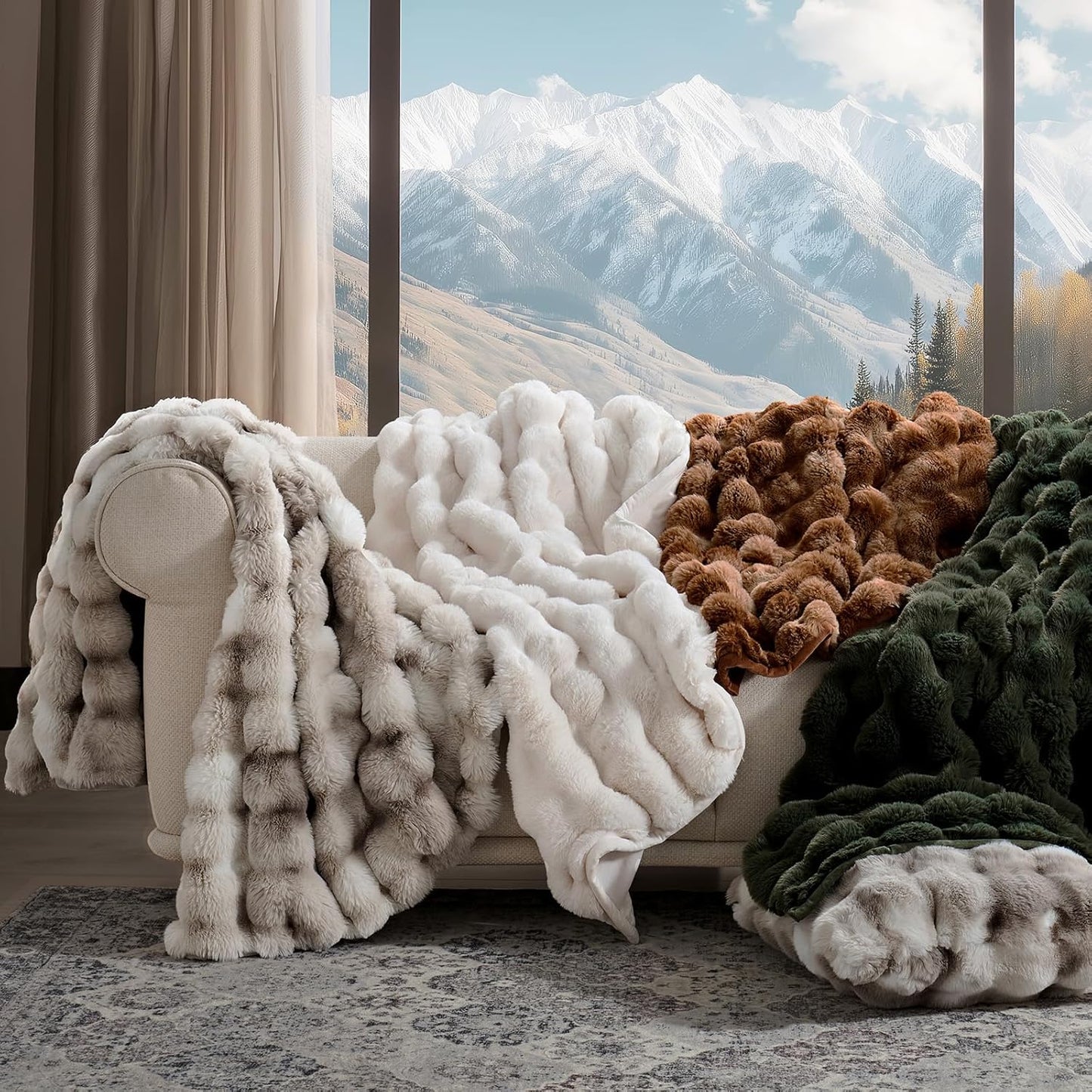 EverGrace Ultra Soft Luxury Fluffy Faux Rabbit Fur Throw Blanket, Thick Warm Bubble Throw for Bed, Cozy Plush Reversible Blankets for Couch, Chair, Sofa, Ivory White, 50x60 Inches