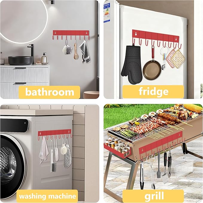 Magnetic Spice Rack for Refrigerator, 4 Pack Magnetic Shelf with 1 Hook Magnet Spice Storage Rack Seasoning Organizer with Screw for Oven Fridge(Red, 4Rack&1Hook)