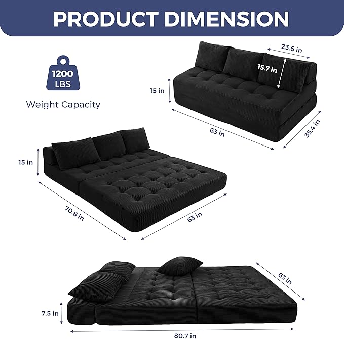 MAXYOYO Folding Sofa Couch, Convertible Floor Sleeper Couch with 3 Pillows, Tufted Floor Oversized Loveseat Couch Tufted Fold Out Chair Bed Comfy Sofa Lounge for Living Room Bedroom, Black