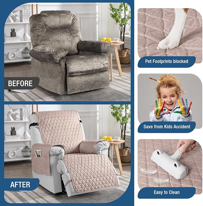 TAOCOCO 100% Waterproof Recliner Cover - Recliner Cover with Non-Slip Granule, Recliner Chair Covers with Elastic Band, Recliner Chair Covers for Reclining Chair(Peach, Large-28'')