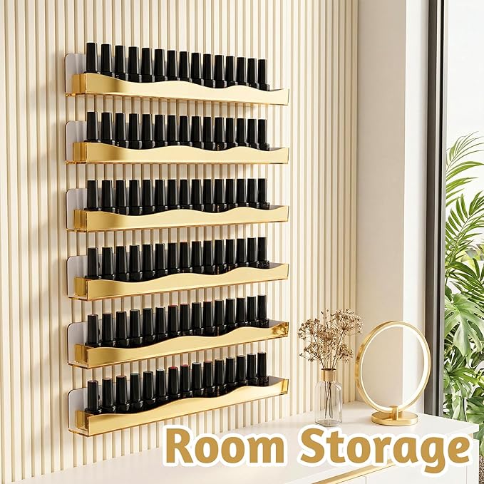 6 Pack Gold Reflective Acrylic Shelves, 15 Inch Wall-Mounted Nail Polish Organizer Rack Mirror Finish Makeup Essentials Storage Multi-Purpose Display Holder for Small Space Vanity Bathroom
