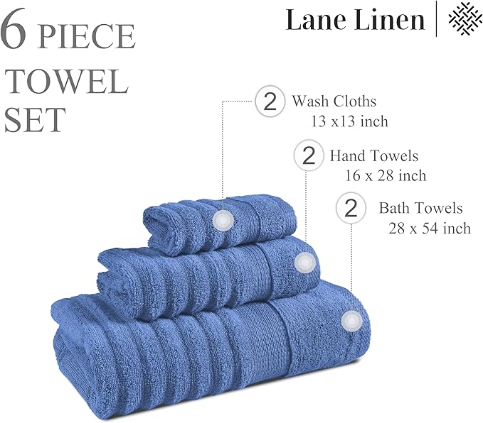 LANE LINEN 100% Cotton Bath Towel - 6 Piece Set - Hotel Grade Luxury Zero Twist Cotton - 2 Bath, 2 Washcloths, 2 Hand Towels for Bathroom - Super Soft, Quick Dry & Highly Absorbent - Cerulean Blue