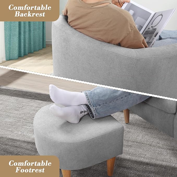 Athena Collection Modern Barrel Accent Chair with Ottoman, Furry Cozy Reading Arm Chair for Adults, Comfy Uphosltered Sofa Armchair with Footrest for Living Room, Bedroom, Small Space, Grey