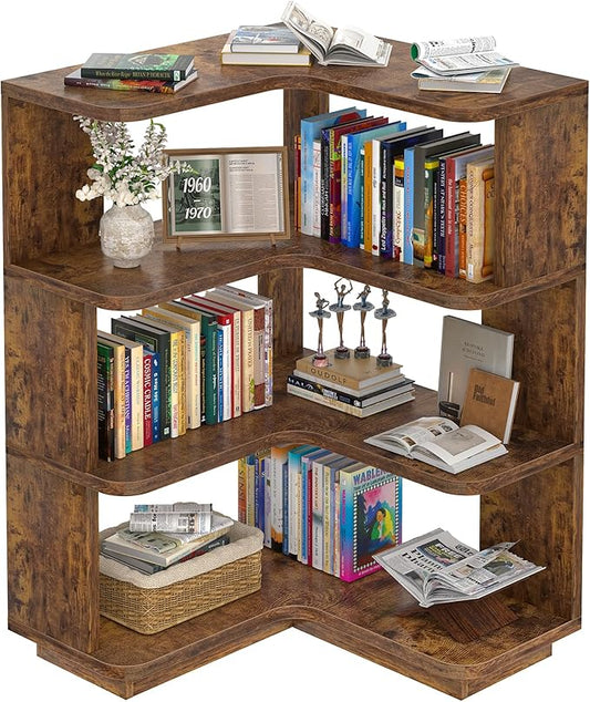 Armocity Corner Book Shelf - 4 Tier Corner Bookshelf Etagere Bookcase with Baffle, Freestanding L Shaped Display Shelf Stand for Home Office, Living Room, Bedroom, Kitchen, Rustic Brown