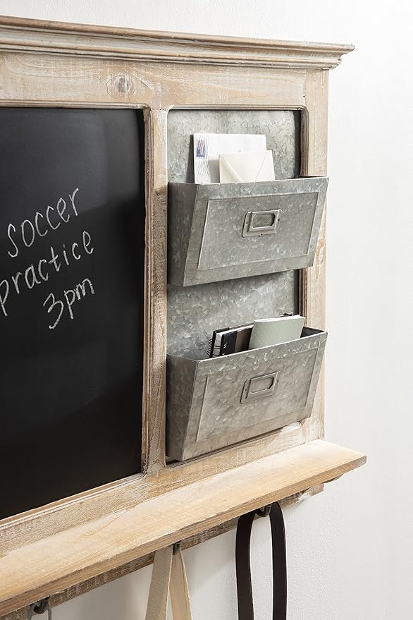 Kate and Laurel Idamae Farmhouse Wood Wall Organizer with Hooks; 28 x 25; White; Decorative Rustic Wall Organizer with Mail Holder; Chalkboard; and Three Key Holder Hooks