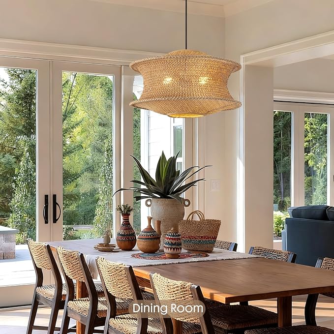 18" Boho Rattan Pendant Light Fixture, Large Woven Hanging Ceiling Lamp, Natural Farmhouse Chandelier for Dining Room, Kitchen Island, Living Room, Entryway, Rustic Foyer Lighting