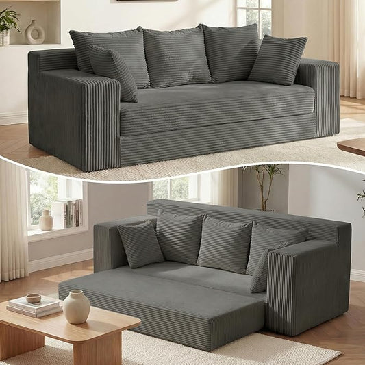 Convertible Sofa Bed, 5 in 1 Small Boneless Couch Pull Out Loveseat Sleeper Sofa,Corduroy Futon Couch Folding Mattress with 4 Pillows for Living Room Bedroom Lounge (No Assembly)