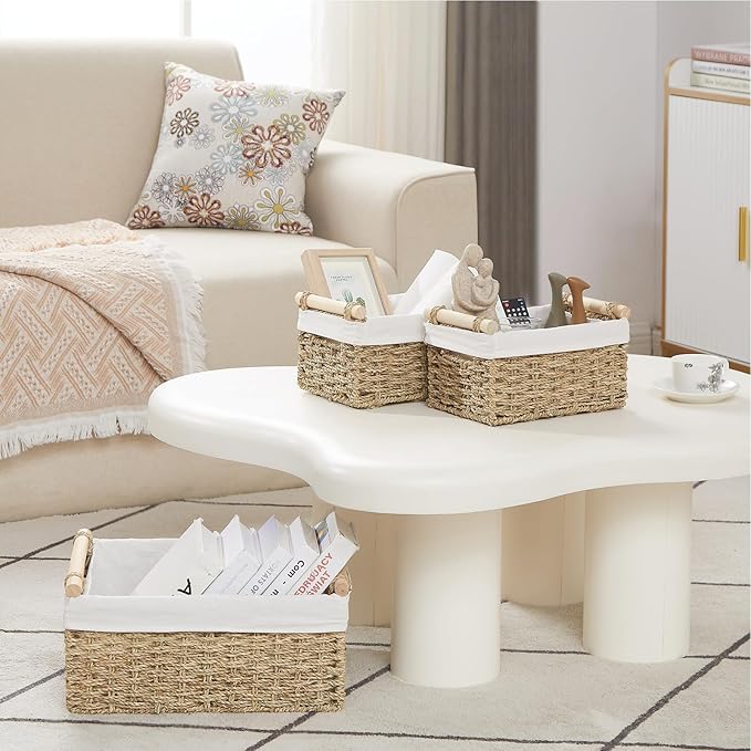 Vagusicc Wicker Storage Basket, 3-Packs Seagrass Storage Baskets for Organizing, Large Cube Storage Organizer Baskets Bins with Handles for Shelves Decor, Small Toilet Paper Storage Basket (Seagrass)