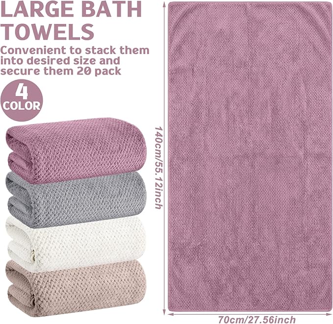 20 Pack Bulk Bath Towels Set, Large Quick Dry Bath Towels 55" x 28" for Spa, Gym, Salon, Hotel and Rental Use(Purple, White, Gray, Khaki)