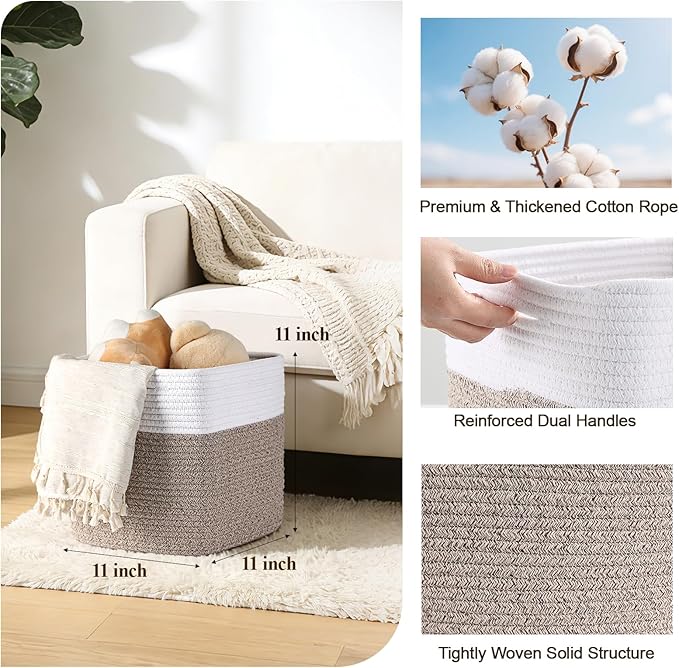 Storage Cubes 11 Inch Storage Baskets for Shelves, Set of 4 Cotton Rope Woven Baskets for Organizing, Cube Storage Square Bins for Toy, Playroom Decor, Classroom, Closet, White+brown