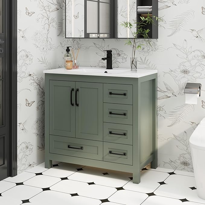 eclife 36" Bathroom Vanities with Sink Combo, Modern Thickened Wood Bathroom Storage Cabinet w/Undermount Sink, Matte Black Faucet Drain, Painted Surface, Green