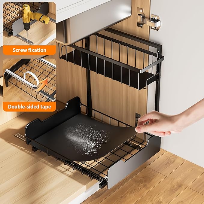 Under Sink Organizer, 2-Tier Thickened All-Metal L-Shaped Pull Out Cabinet Organizer Shelf, Height Adjustable Slide Out Storage Drawer for Kitchen, Bathroom, Laundry, Black, 2-Pack