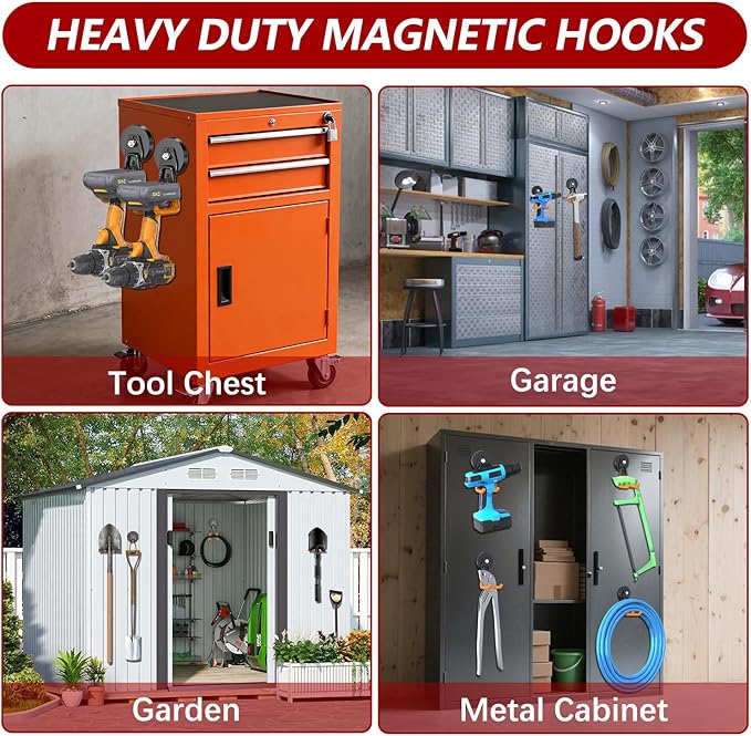 3-H Heavy Duty Magnet Garage Hooks 4 Pack, Large Strong Magnetic Hooks for Hanging Cordless Power Drill, Utility Magnetic Tool Holder for Metal Cabinet, Steel Pegboard, Toolbox, Garage(Orange)