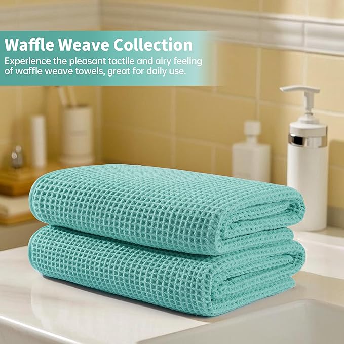 Microfiber Waffle Bath Towels, 4 Pieces, Soft, Absorbent, Fast Drying, Lint Free 430 GSM (Turquoise)