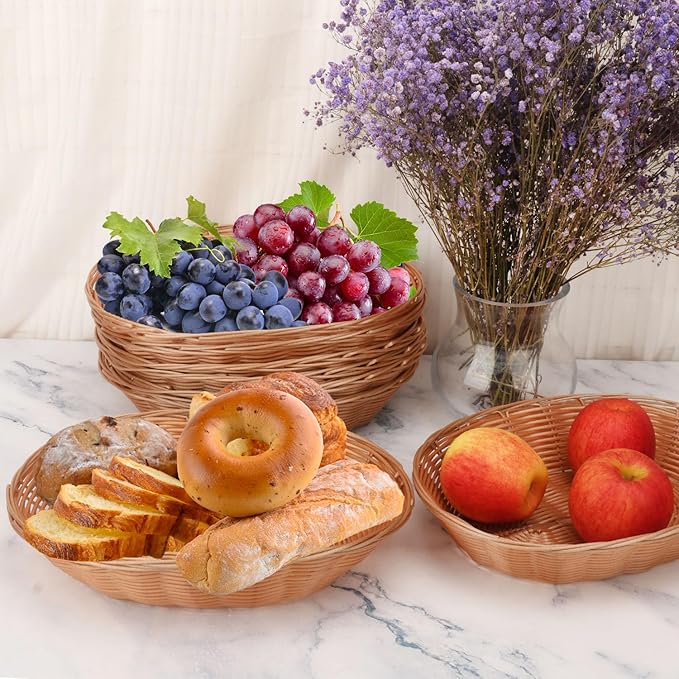 11 Inch Oval Poly Wicker Basket - Bulk, 11 Pack, Bread Serving Baskets for Home & Restaurant Use