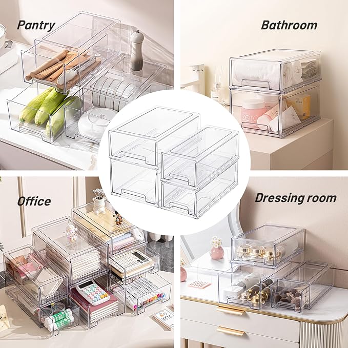 PeJeyiee 6 Pack Stackable Pull-Out Storage Drawers，Plastic Clear Organizer Bins with Handles，Easily Clean for Craft, and Toy Organization，Kitchen Undersink，Cabinet，Fridge，Closet，Pantry，Office，Bathroom