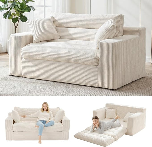 Convertible Sofa Bed, Pull Out Boneless Couch Loveseat Floor Sofa Bed with Pillows, 2-Seater Folding Sofa Loveseat Boneless Couch for Living Room, Bedroom, Apartment, Office (Beige)