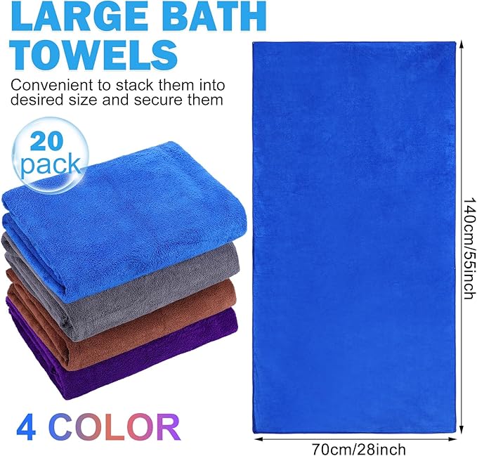20 Pack Bulk Bath Towels Set, Large Quick Dry Bath Towels 55" x 28" for Spa, Gym, Salon, Hotel and Rental Use(Dark Blue, Coffee, Dark Purple, Gray)