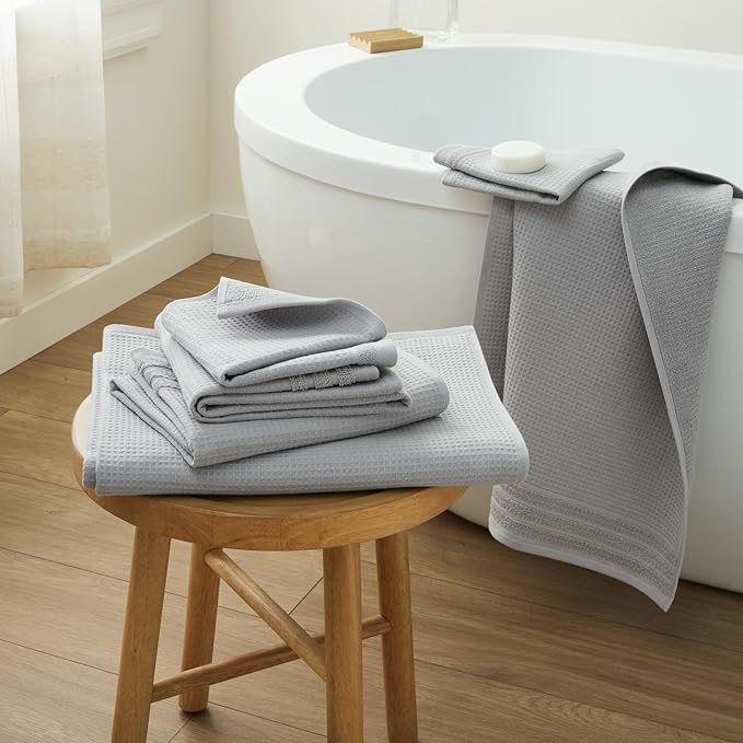 Town & Country Basics 6-Piece Assorted Waffle Woven Terry Stripe Set, 2 Bath Towel, 2 Hand Towel, 2 Washcloth, 100% Cotton, Quick Dry, Gray