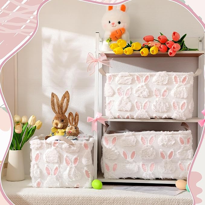 Kathfly 3 Pcs Easter Storage Bin Jacquard Design Bunny Basket Box with Handle Large Storage Baskets Foldable Rabbit Box for Easter Party Decoration