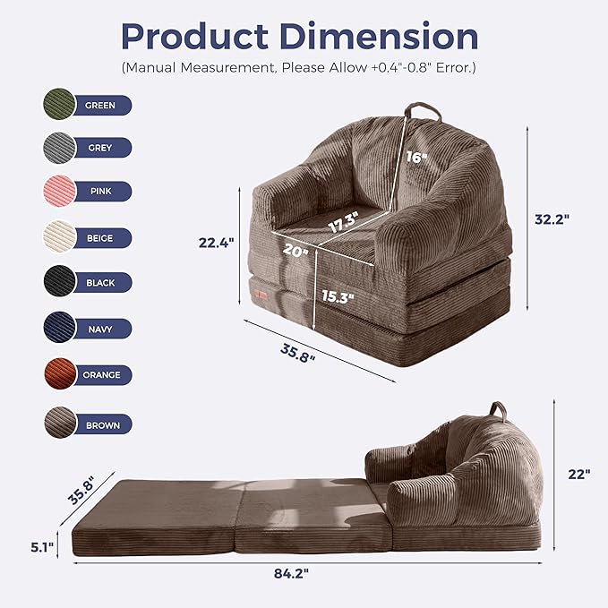 MAXYOYO Folding Sofa Bed with Backrest, Boneless Fold Out Couch Bed with Handle, 2 in 1 Convertible Bean Bag Chair to Floor Sofa Lounger, Comfy Folding Couch for Bedroom & Living Room, Brown