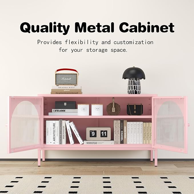 Metal TV Stand, Accent Storage Cabinet with 2 Acrylic Doors, Pink Locker Cabinet with Adjustable Shelf, Side Cabinet for Home,Office,Entryway,Dining/Living Room,Bedroom,Pink