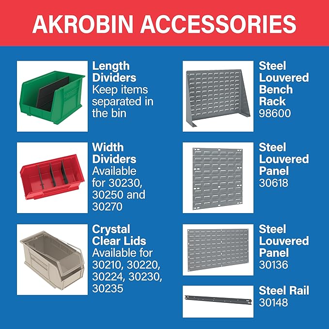 Akro-Mils 30224 AkroBins Plastic Storage Bins, Space-Saving Stackable Bins for Garage, Pantry, Craft Organization, 11" L x 4" W x 4" H, Blue, 12-Pack