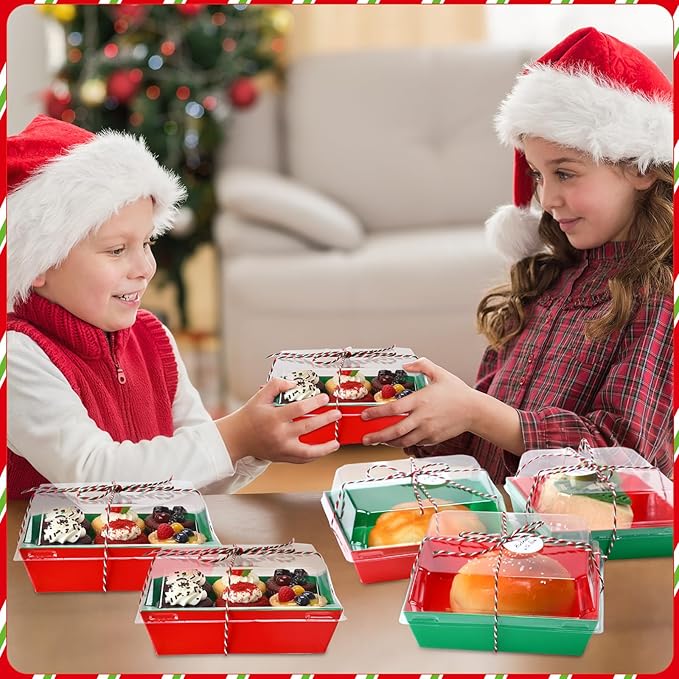 Outus 100 Pack Charcuterie Boxes with Clear Lids, 5.7 x 5.1 '', Mother 's Day Back to School Paper Food Containers Cake Take out Bakery Boxes with Gift Tags Rope for Desserts(Green,Red,Christmas)