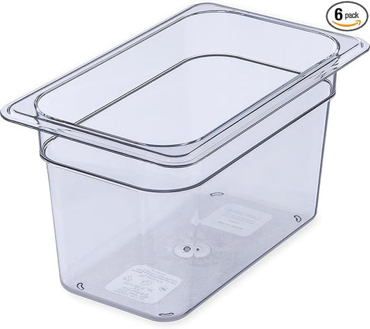 Carlisle FoodService Products Storplus Food Pan, Food Storage Container with Spoonable Corners for Catering, Buffets, Restaurants, Polycarbonate (Pc), 1/4 Size 6 Inches Deep, Clear, (Pack of 6)