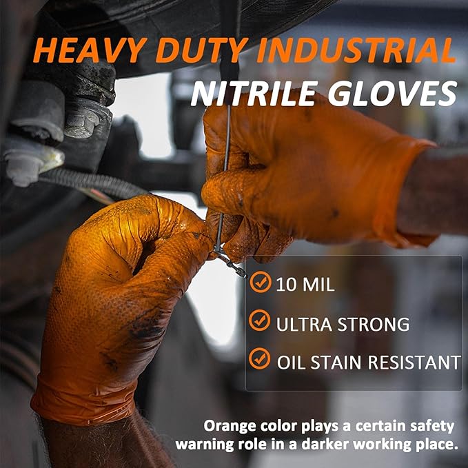 Heavy Duty Nitrile Gloves, 10-mil Thick, Diamond Texture, Powder and Latex Free, 100 Count (50 Pairs)