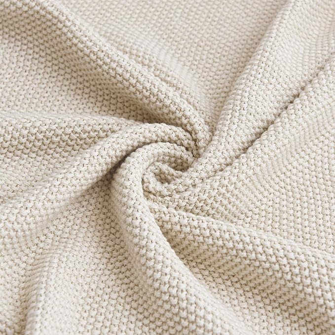 Longhui bedding Cream Cotton Cable Knit Throw Blanket for Couch Sofa Bed, Home Decorative Throw Blanket for Couch, Lightweight Woven Throw Blankets with Bonus Laundering Bag, 3.4 Pounds 60 x 80 Beige