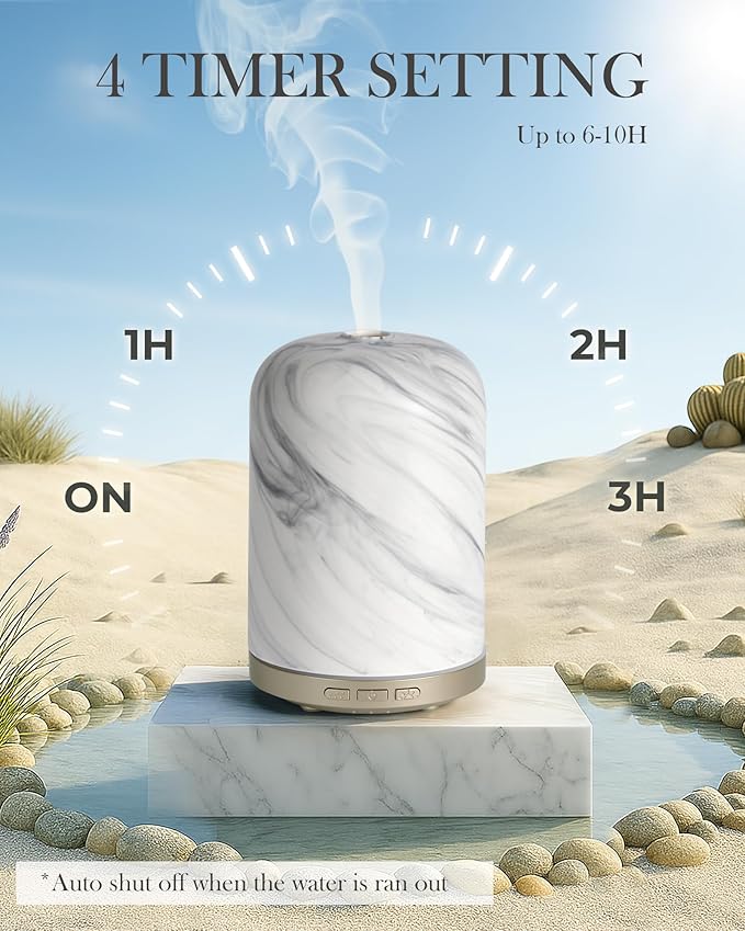 Essential Oil Diffuser - 2.4MHz Ultrasonic Ceramic Diffuser for Home, 120ml, Pulse&Continuous Mist, Bright/Dim/Breathing Lighting, Waterless Auto-Off, Aromatherapy Diffuser with USB Cable