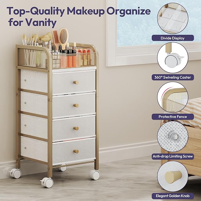 SWTYMIKI Rolling Makeup Organizer Cart - Floor Skincare Make Up Storage with 4 Non-woven Drawers, Vanity Organizer Cosmetic Display Cases Cabinet for Skin Care Perfume Nail Polish Brush Hair Tool