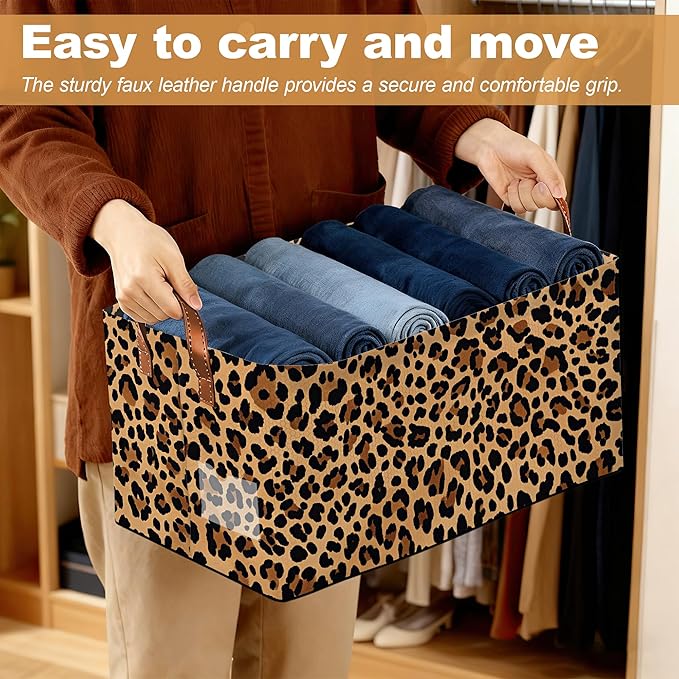 Storage Bin with Handles, Leopard Print Collapsible Laundry Baskets for Books, Laundry - Use in Nursery, Closet Organizers and Storage, Blanket Basket