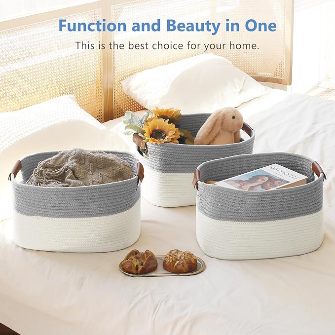 Cotton Rope Basket, Storage Baskets with Handle, 15x10x9 Inch Woven Basket for Shelves, Laundry, Towels, Clothes, Books (White/Grey 1Pack)
