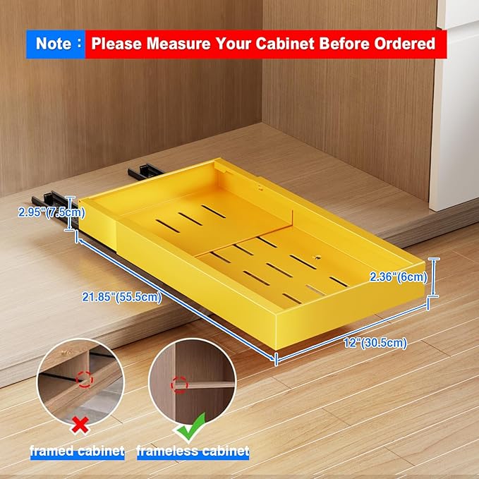 2 Pack Pull Out Cabinet Organizer,21.8" Deep Slide Out Drawer for Cabinets Adhesive Pull Out Drawers Heavy Duty Pull Out Shelves for Kitchen,Cupboard,Pantry,Bathroom-Yellow