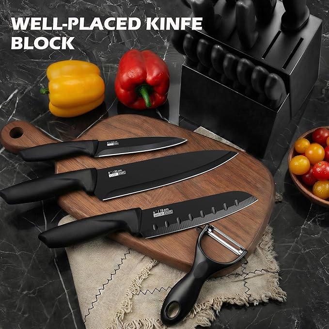 Knife Set, KroWallu 20 Pieces Knife Sets for Kitchen with Block, Dishwasher Safe Kitchen Knife Set with Built-in Sharpener, Japanese Stainless Steel Black Knife Block Set