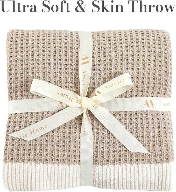 Amélie Home Chenille Throw Blanket, Soft Cozy Waffle Throw for Couch & Sofa, Warm Yet Lightweight, Breathable All-Season Throws for Women Men, Housewarming, Birthdays, 50"x60", Beige